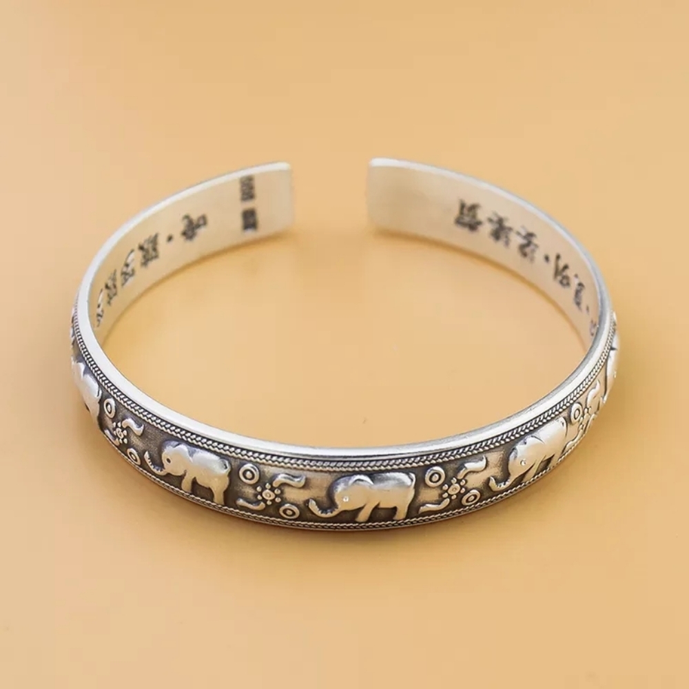 Unisex Engraved Elephant Bracelet 999 Pure Silver Cuff - Picture 3 of 14